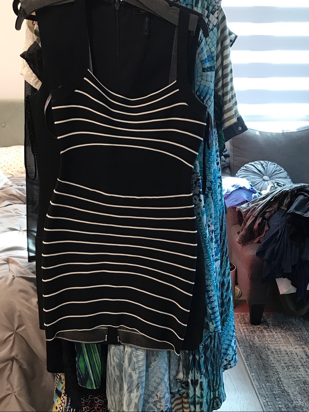 Herve Leger Black and White Striped Bodycon Dress